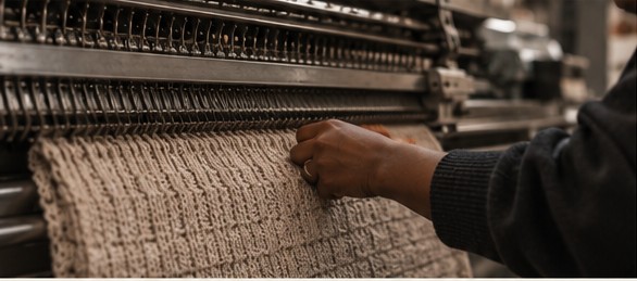 Lavorazione a maglia su macchinario, senza volto riconoscibile